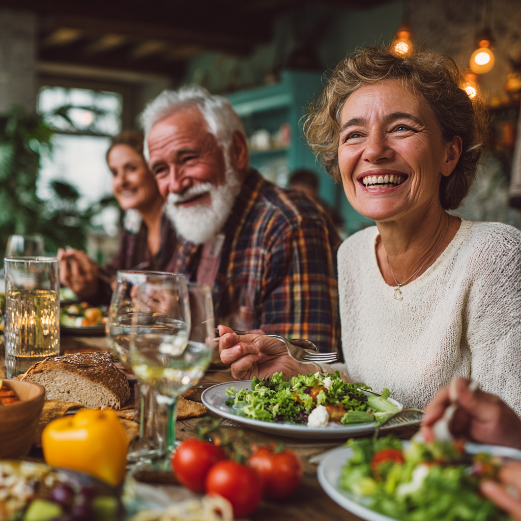 Happy Romanian family preparing healthy meals together in a modern kitchen, smiling and engaging with fresh vegetables and nutritious ingredients