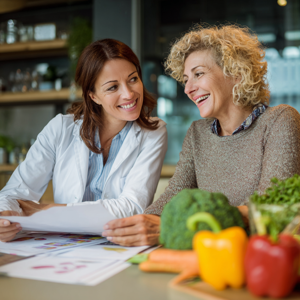 Professional Romanian nutritionist consulting with a middle-aged client, both smiling while reviewing healthy meal plans and nutritional charts in a bright modern office