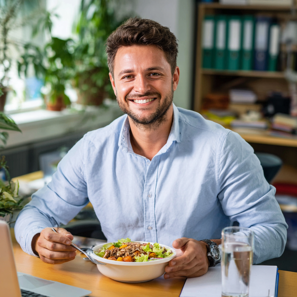 Romanian office worker in their 40s drinking water at a modern workplace, looking energized and healthy, with a water bottle and healthy snacks on the desk